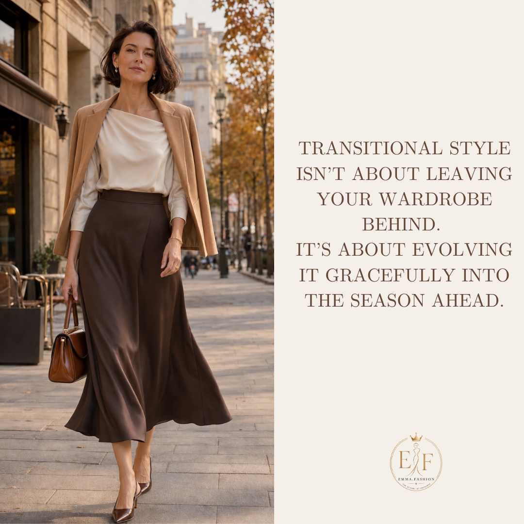 Woman wearing a refined transitional outfit with lightweight layers in warm neutral colors for early fall